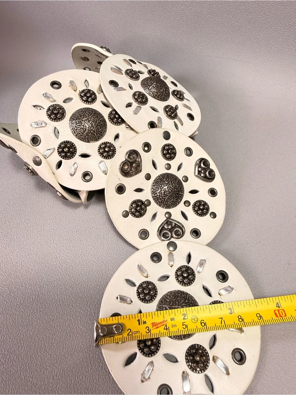 Vintage White Leather Wide Decorative Disc Belt with Silver Accents